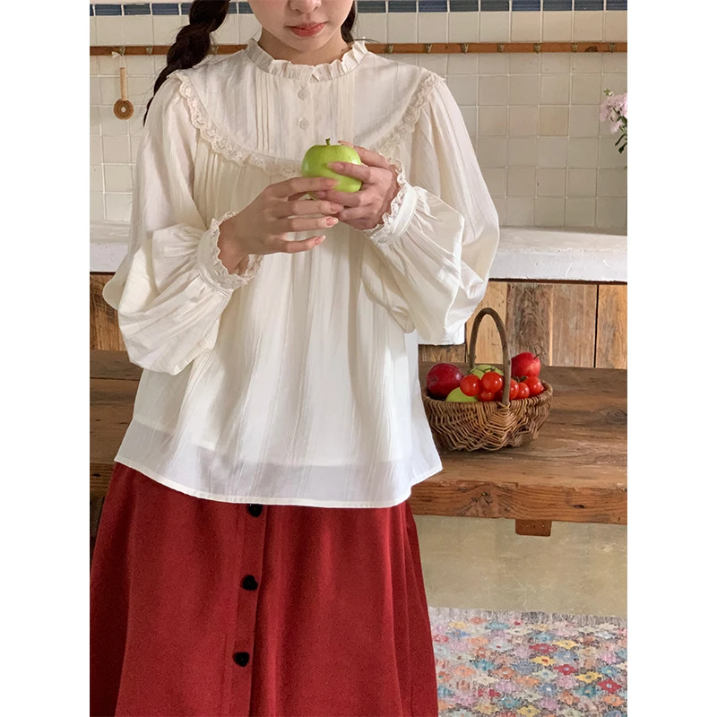 罐头士多所春季新款设计感小众衬衣法式宫廷风奶白色花边领衬衫女