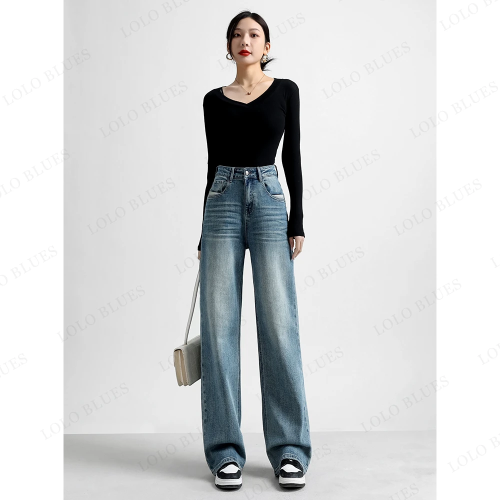 【女孩】秋季复古大牌设计款宽松高腰显瘦百搭修身窄版阔腿牛仔裤女