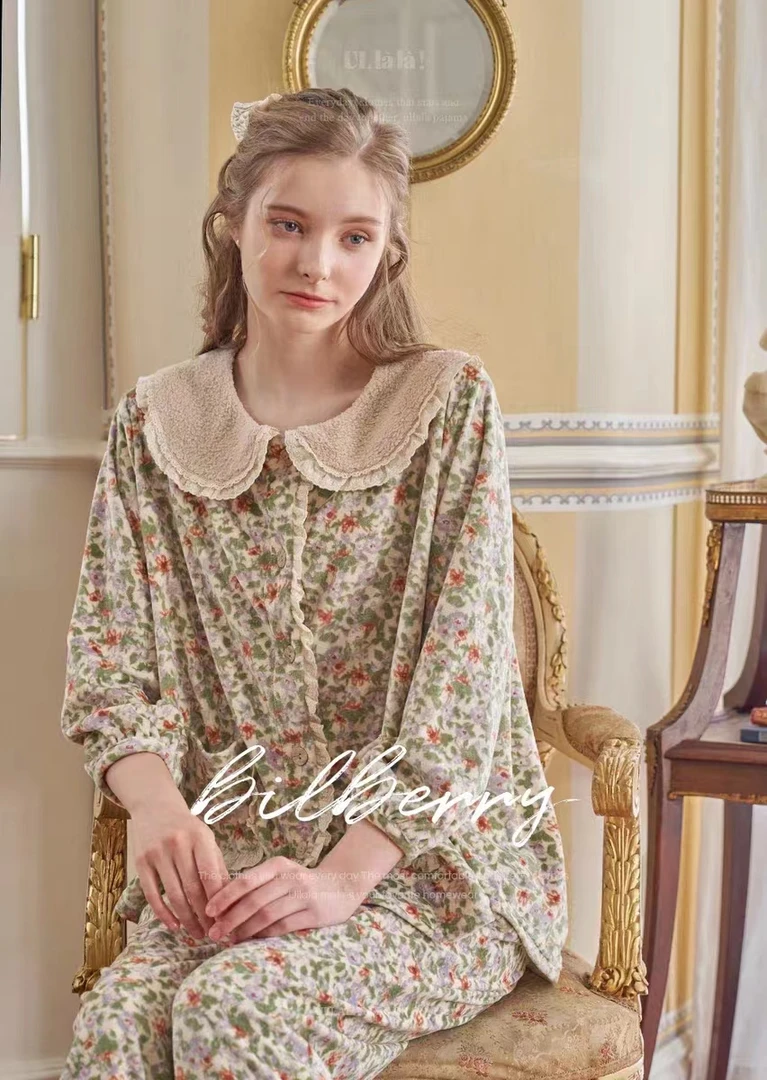 新款女士磨毛牛奶绒花边开衫家居服睡衣长袖长裤套装