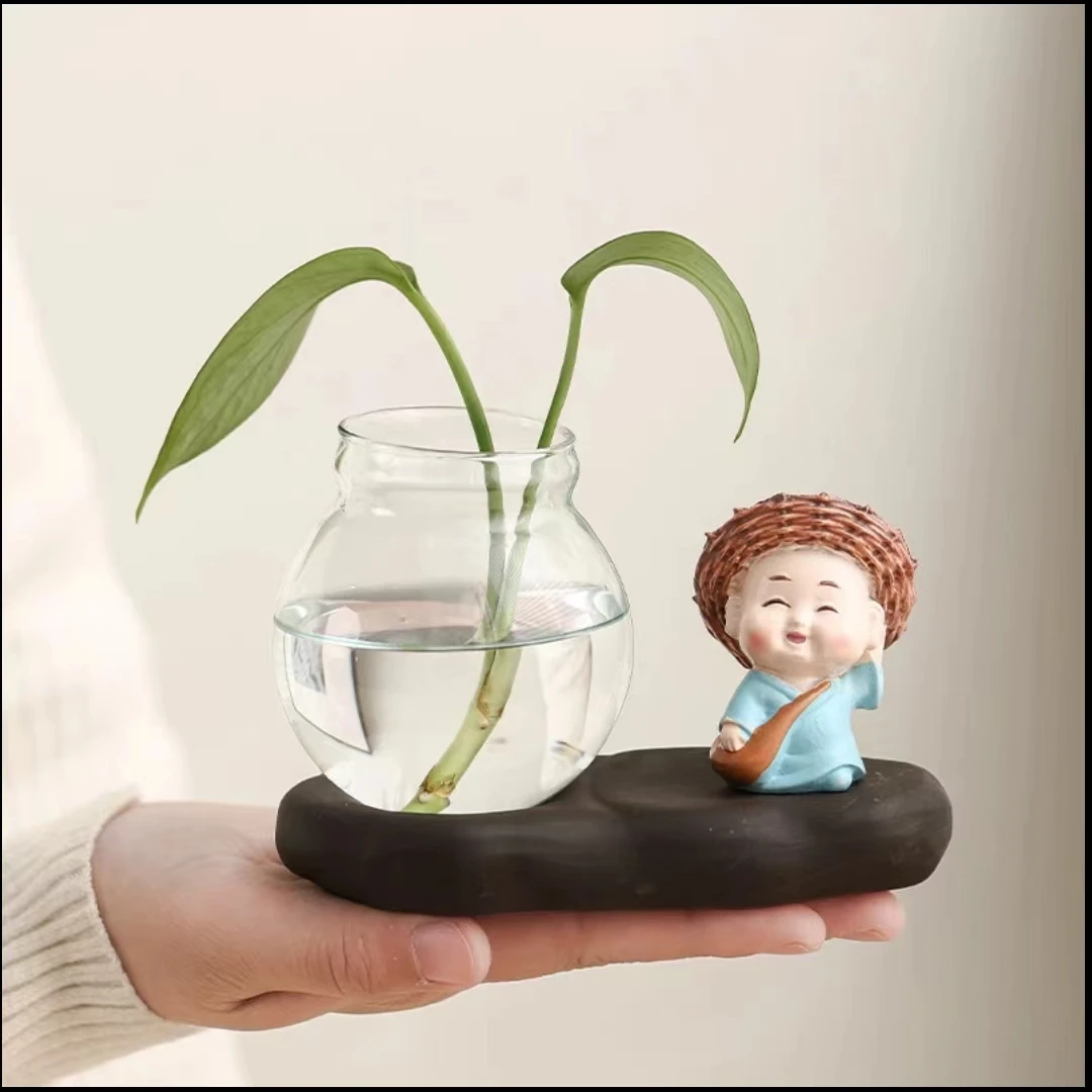 创意玻璃摆件小和尚花器家居装饰品茶桌绿萝花插花瓶陶瓷水培容器