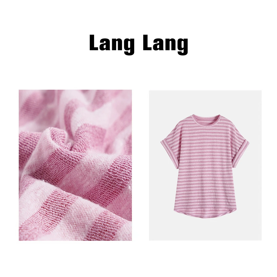 LANG LANG"冲浪"休闲条纹春夏时尚亚麻丁达尔浪漫圆领短T