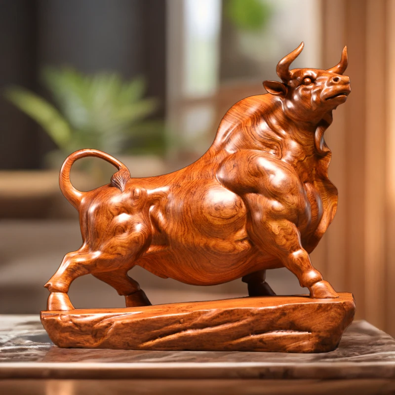 花梨实木雕刻牛气冲天摆件生肖牛家居客厅装饰木制工艺品开业送礼