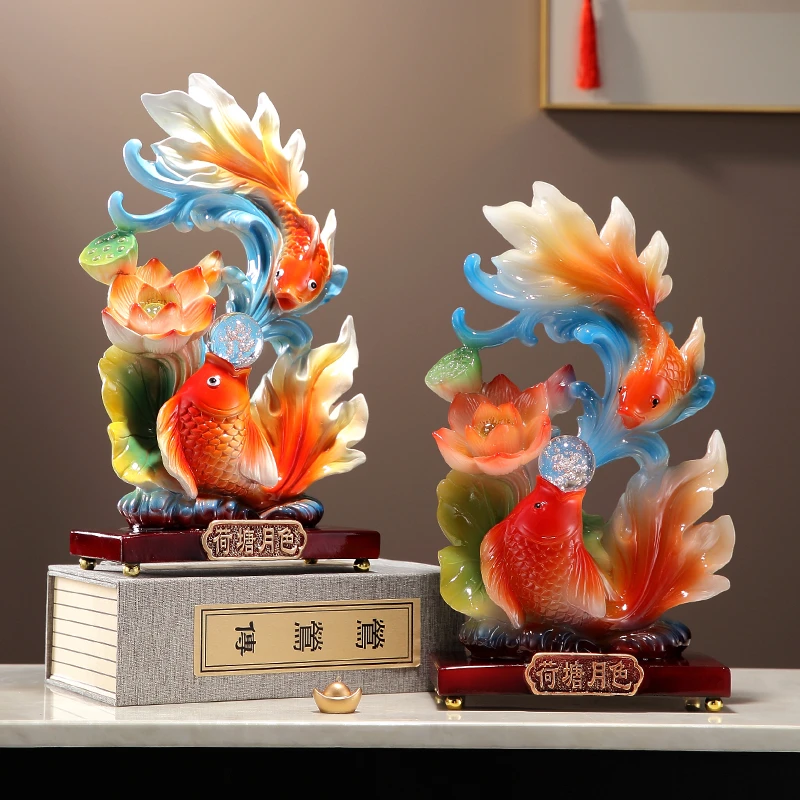 荷塘月色金鱼招财摆件创意新中式工艺品树脂客厅玄关酒柜装饰桌面