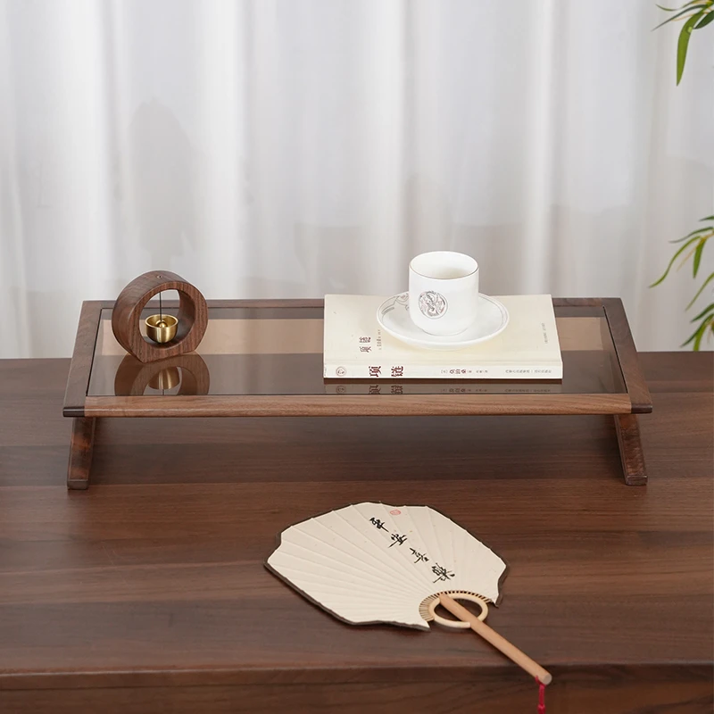 北美黑胡桃实木玻璃台面木质日式桌面显示器增高支架抬高底座