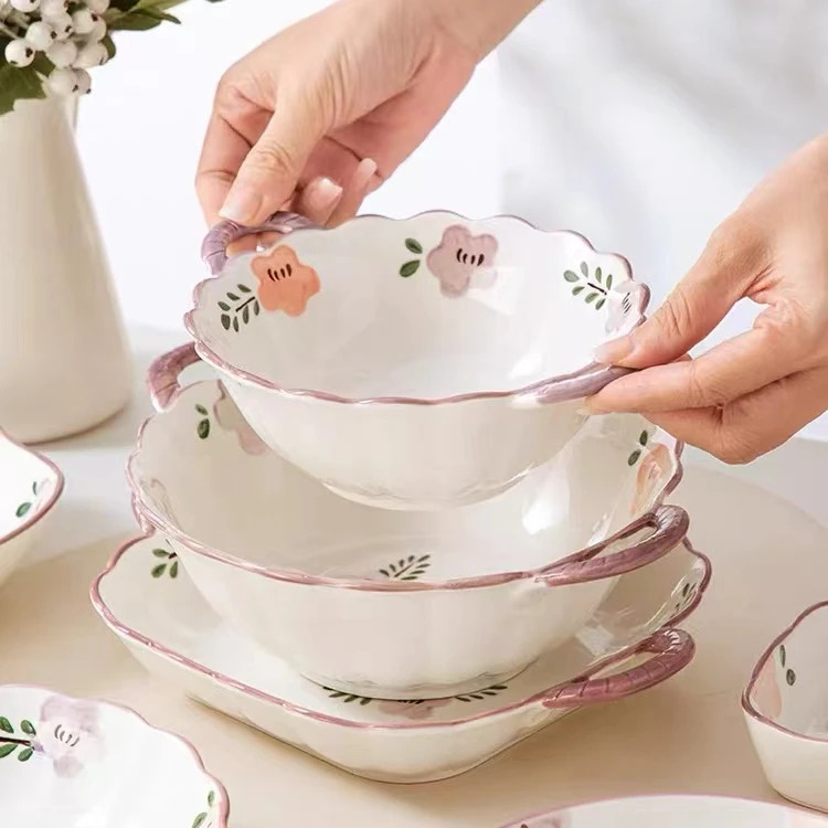碗高颜值紫萱花陶瓷餐具碗盘子组合家用乔迁送礼汤碗双耳碗西餐盘
