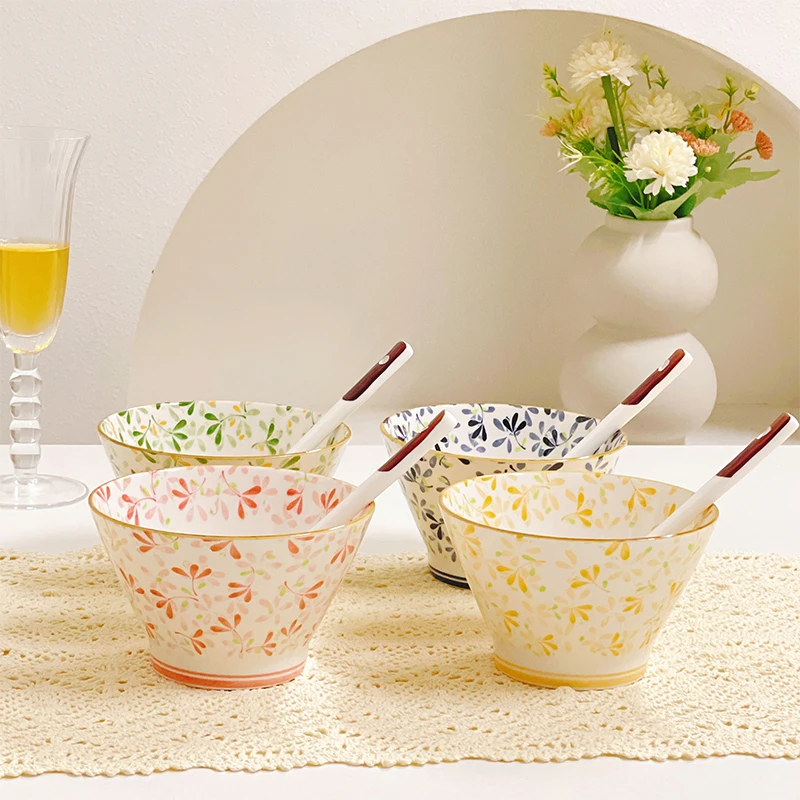 斗笠碗4碗4勺四季繁花陶瓷米饭碗5英寸家用釉下彩防烫网红餐具