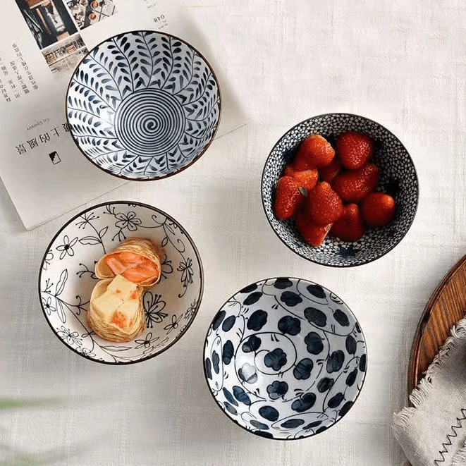 4个4.5英寸米饭碗好看的吃饭碗高级复古瓷碗陶瓷餐具家用釉下彩