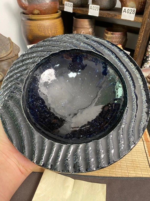 备前烧壶承,苍蓝窑变,宫尾昌宏作