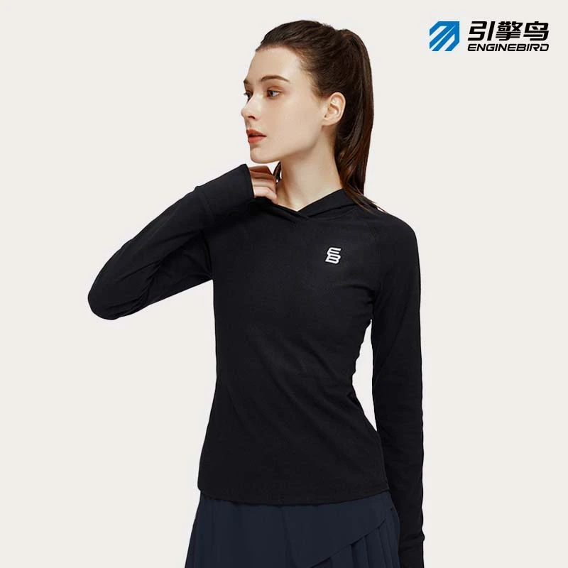 引擎鸟【季末福利】跑步中空纱连帽长袖T恤透气健身户外运动连帽