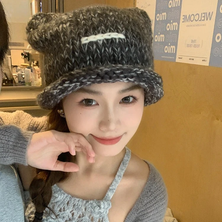 韩版新款可爱猫耳针织毛线帽子女秋冬时尚加厚保暖百搭套头帽冷帽