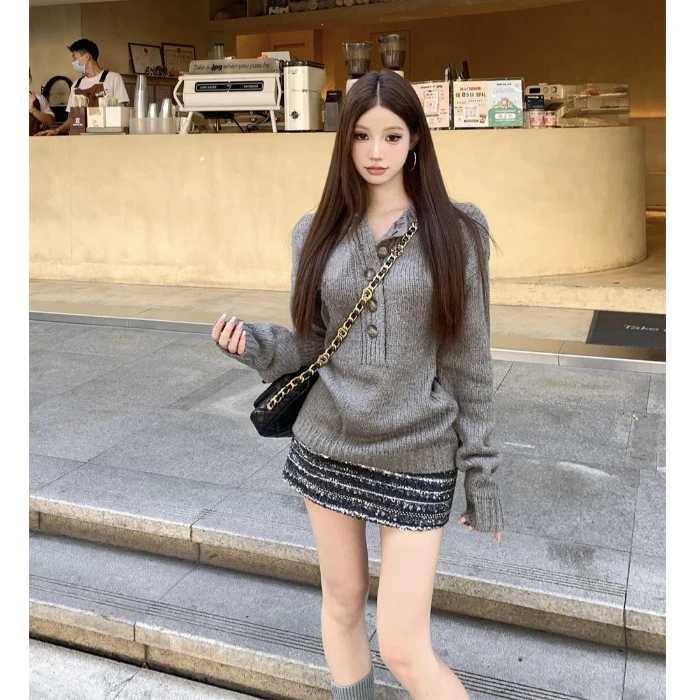 复古灰色长袖针织衫女秋冬2024新款慵懒修身一片式短裙时尚两件套