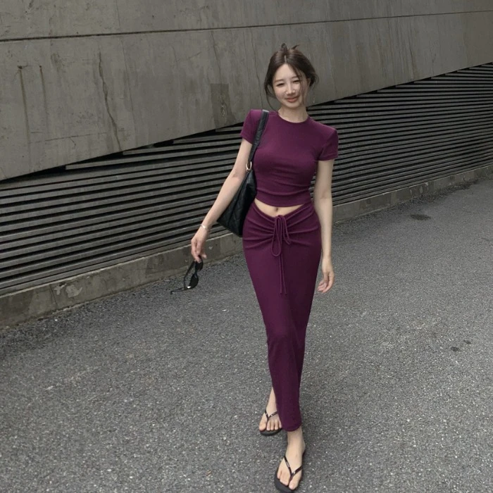 紫色正肩短袖T恤上衣辣妹内搭女夏半身裙包臀裙盐系穿搭两件套装