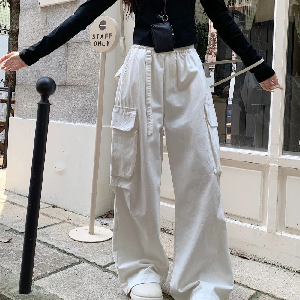 美式设计感口袋白色工装裤休闲裤女秋季复古松紧腰阔腿裤直筒长裤