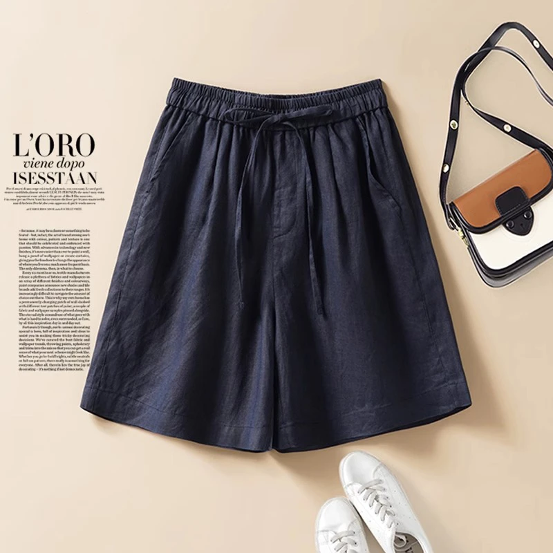 蓝色亚麻短裤女松紧腰五分裤2024夏季新款高档短裤显瘦休闲阔腿裤
