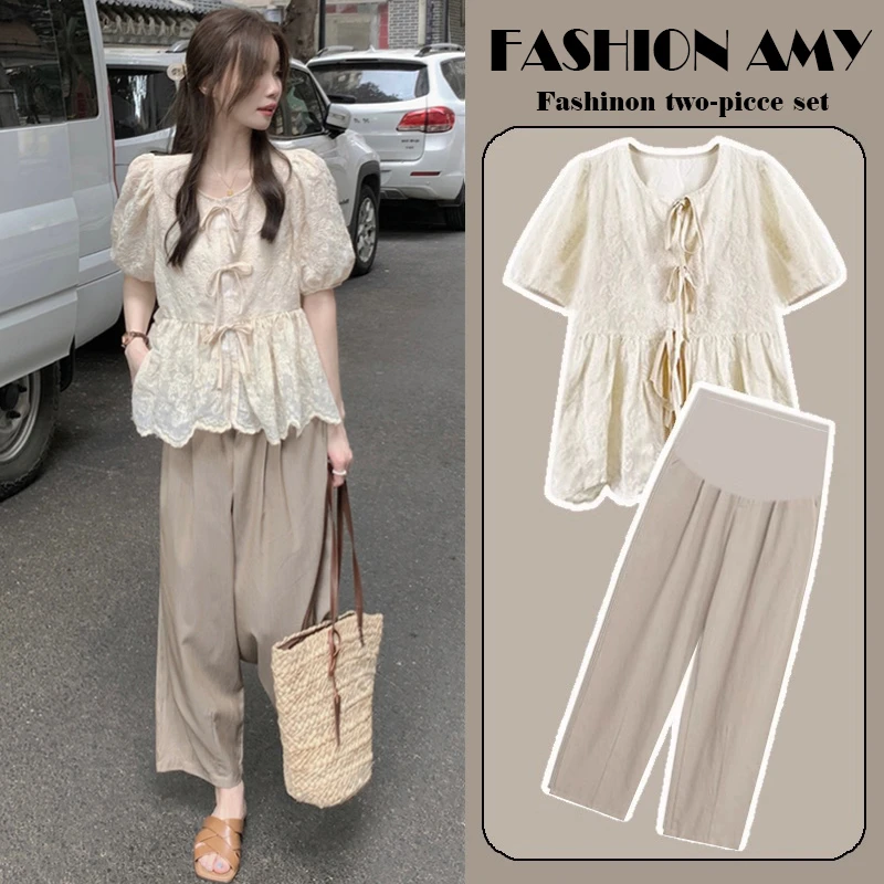 孕妇装夏装套装新款2024洋气时尚小个子蕾丝上衣休闲阔腿裤两件套