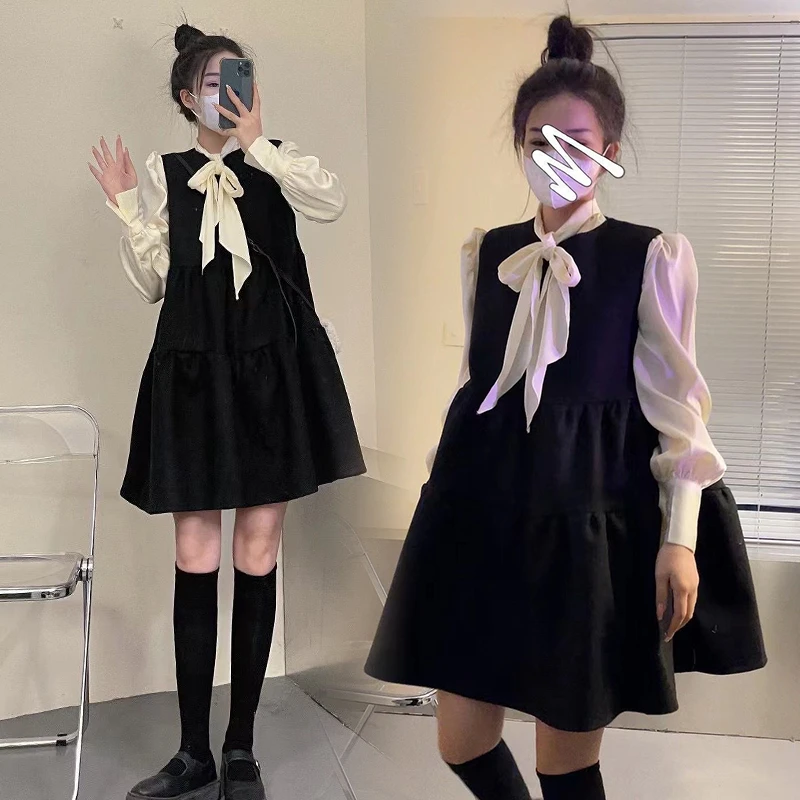 孕妈臻选孕妇装春装连衣裙蝴蝶结衬衣+蓬蓬裙背带裙两件套春秋款