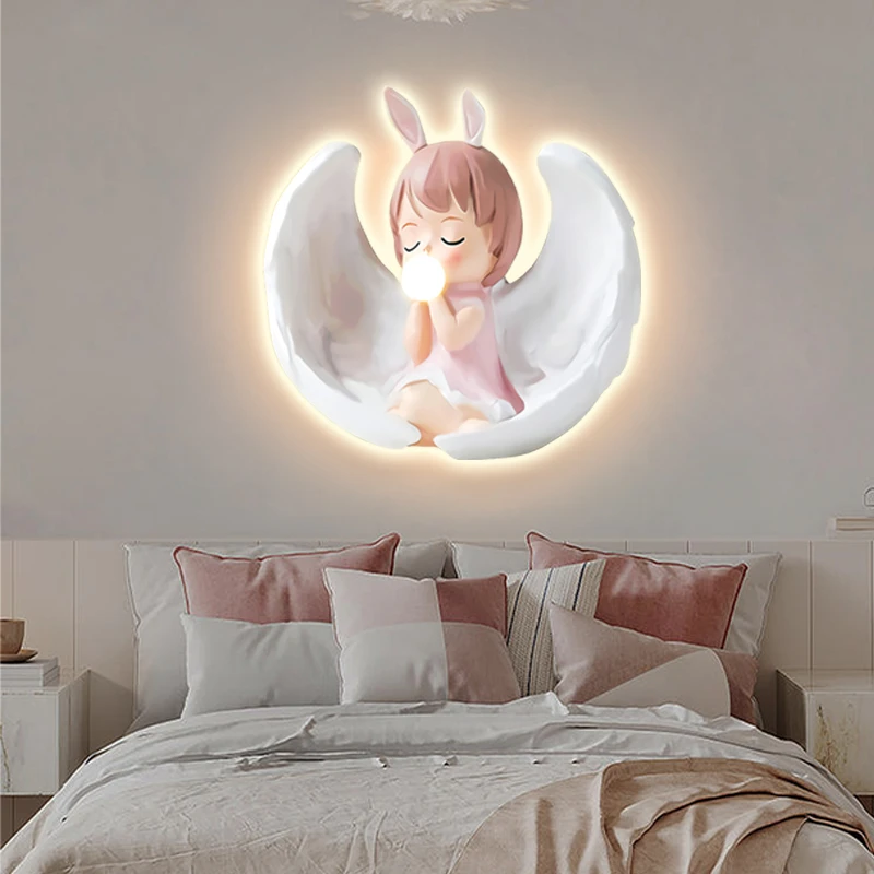 天使女孩儿童房装饰画创意画可爱女孩卧室床头挂画简约60*60