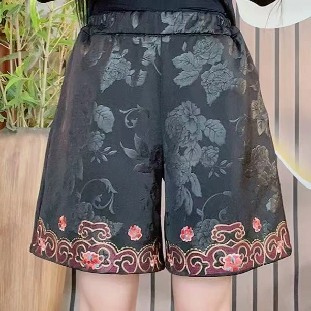 民族风烫花缎刺绣款短裤6026