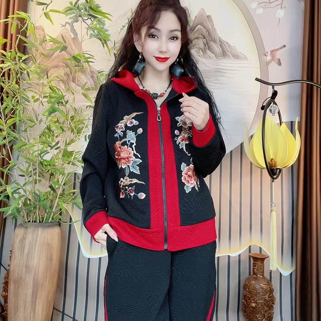 民族风刺绣带帽拉链款外套7973