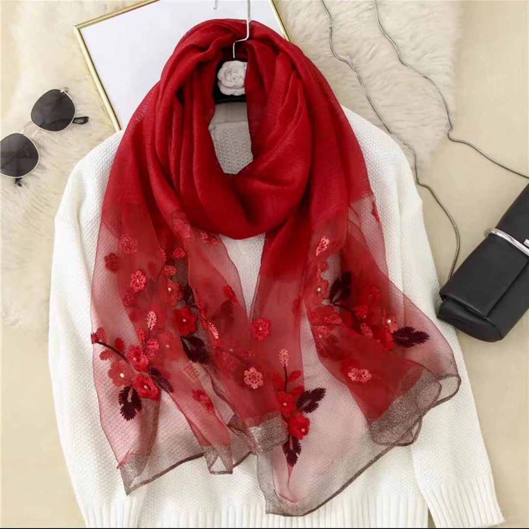 S-37-13  桑蚕丝羊毛65X173左右长巾百搭夏季 海棠花酒红色