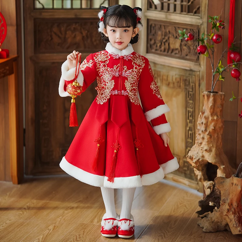 拜年服女童旗袍冬装加厚2023上新中国风女宝周岁唐装过年喜庆衣服
