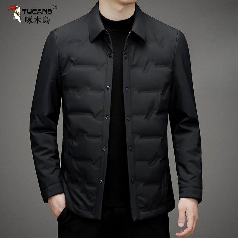 啄木鳥羽绒服白鸭绒男装轻薄款外套2024冬季翻领衬衫夹克休闲保暖