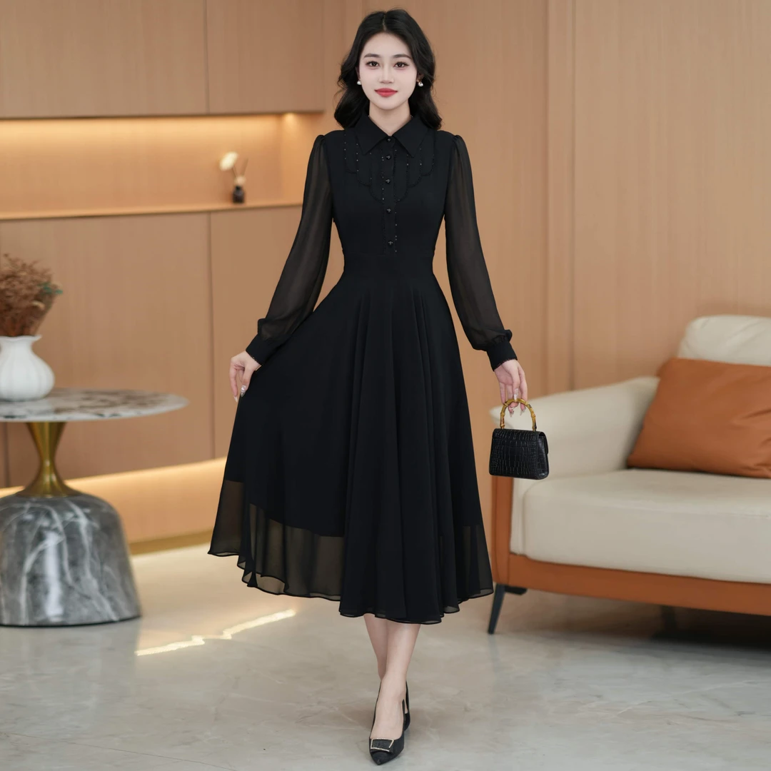 2024年早春新款裙子法式长袖洋气黑色显瘦名媛春秋气质女装连衣裙