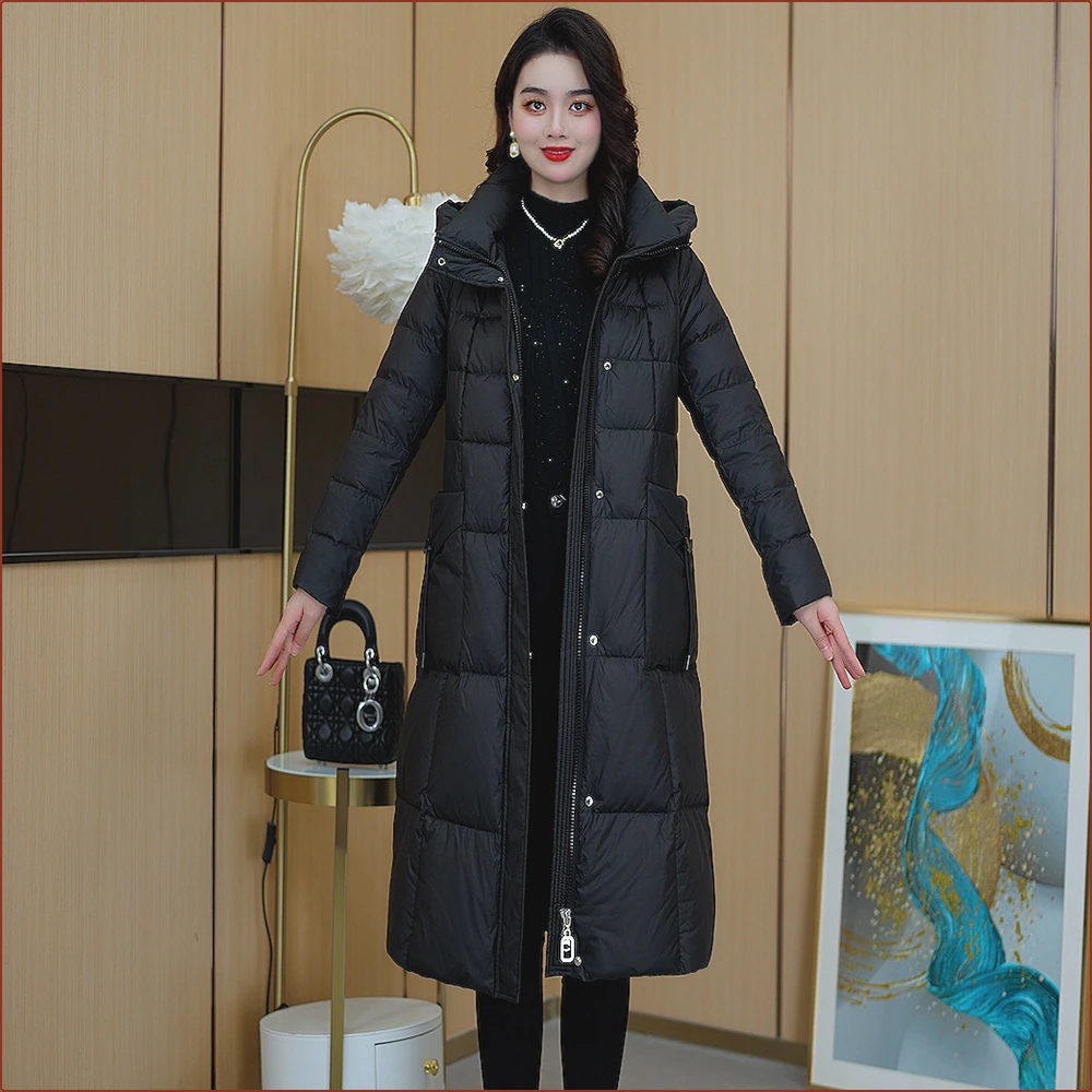 2024冬季新款减龄气质时尚白鸭绒外套女中长款保暖连帽过膝羽绒服