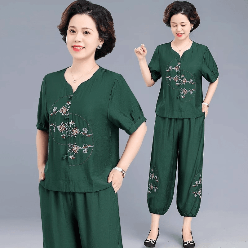 妈妈夏装新中式国风套装新款奶奶装两件套中老年人女夏季短袖T恤