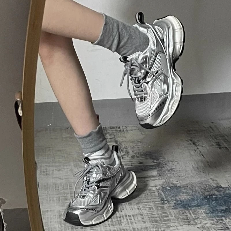 网红休闲2023秋冬新款ins潮厚底银色老爹鞋增高运动鞋女鞋跑步鞋