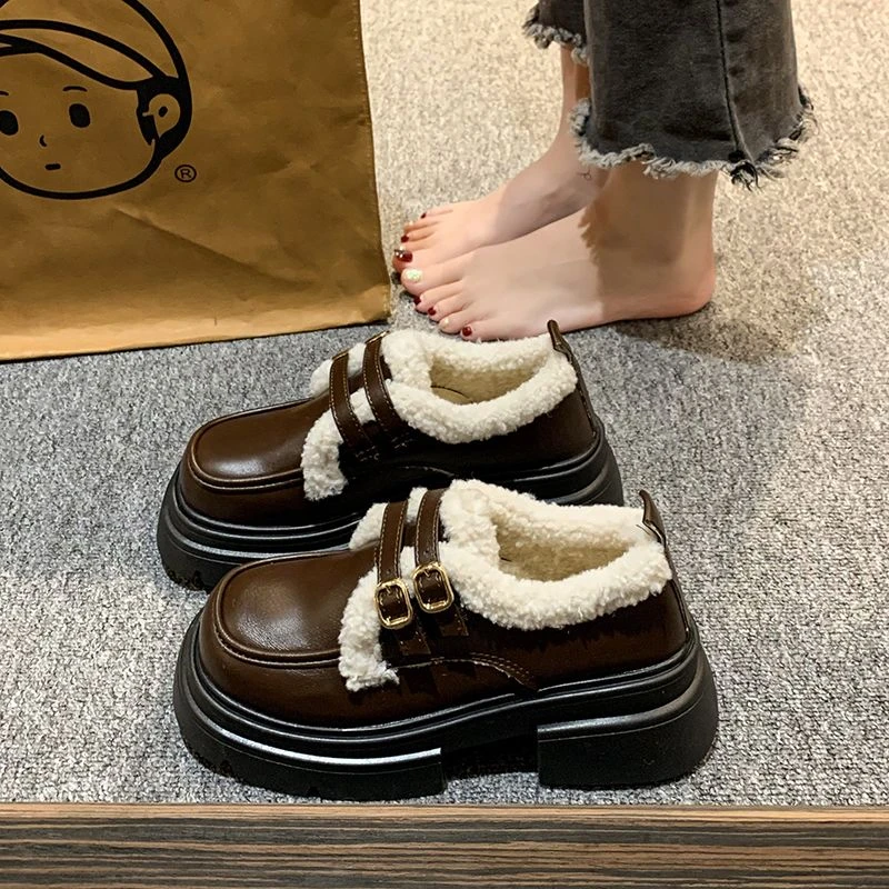 辣妹小皮鞋女加绒保暖厚底女鞋2023新款秋冬季玛丽珍棉鞋乐福鞋潮