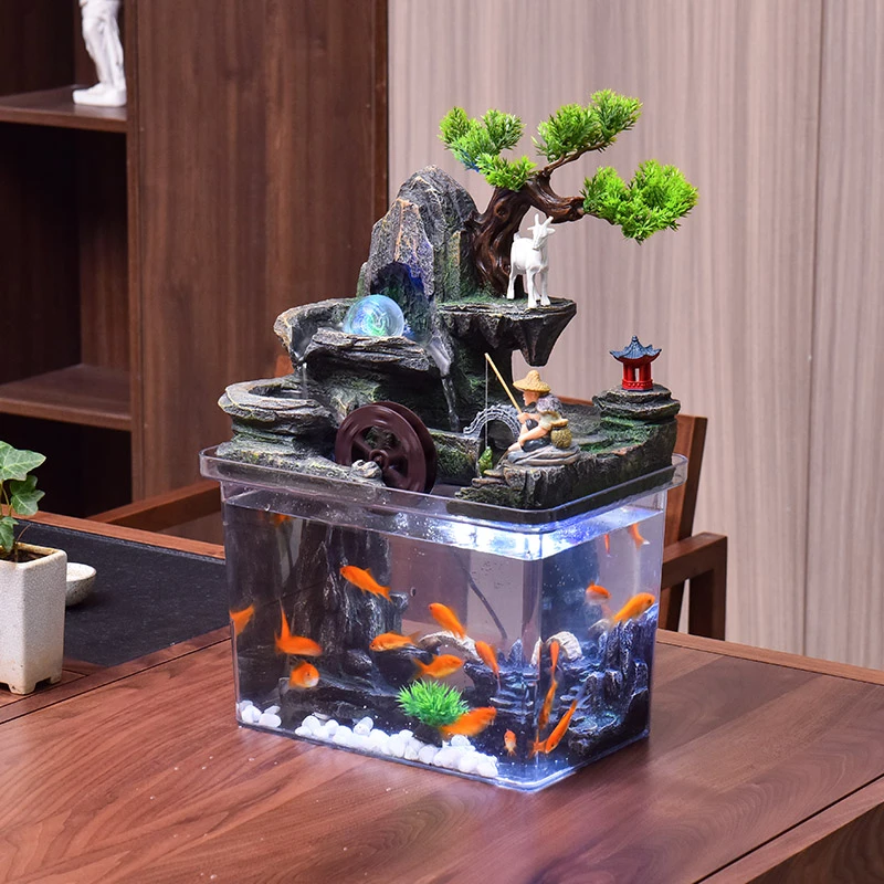 假山流水摆件循环水鱼缸创意造景转运风水轮家居装饰招财开业礼物