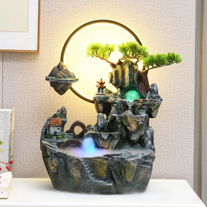 假山循环流水摆件桌面创意鱼缸转动球客厅水车轮家居饰品开业礼物