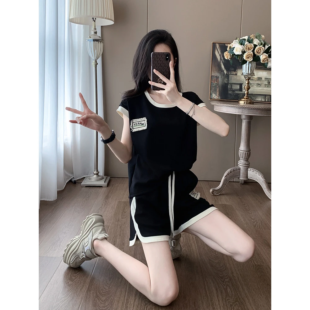 小个子穿搭韩版休闲运动套装女夏季洋气显瘦短袖高腰短裤两件套潮
