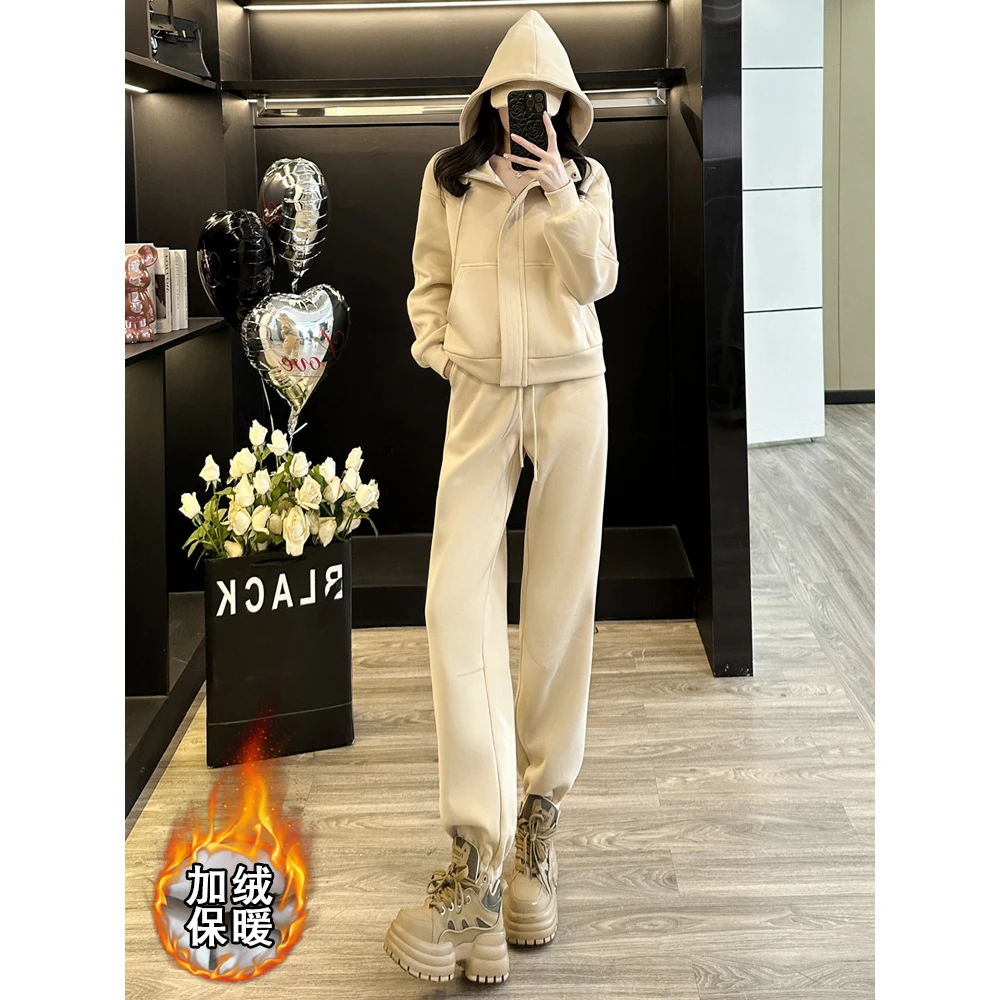 炸街高级感休闲运动套装女秋冬时髦加绒加厚连帽卫衣束脚裤两件套