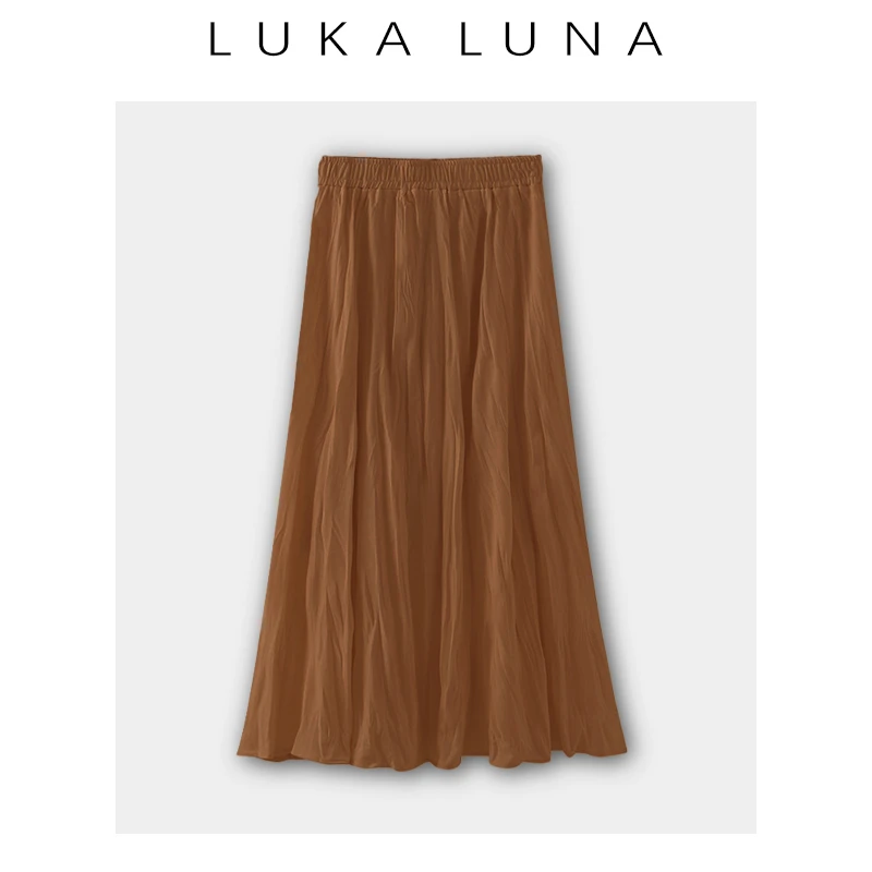 LUKA LUNA 早秋复古设计感褶皱高腰显瘦橡筋腰头长半裙-23XQ005