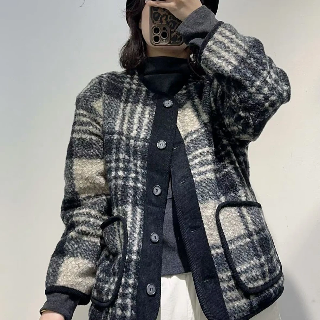 LUKA LUNA 小香风设计款撞色格子气质加厚外套-24AW051