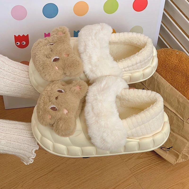 可拆卸棉拖鞋女可爱卡通小熊雪地靴女2024新款秋冬保暖棉鞋女防滑