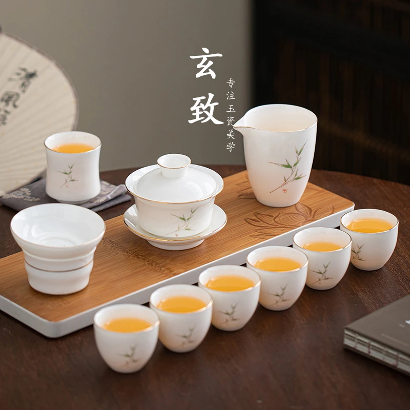 高档羊脂白玉瓷竹报平安套装主人杯手工功夫茶具轻奢家用简约盖碗