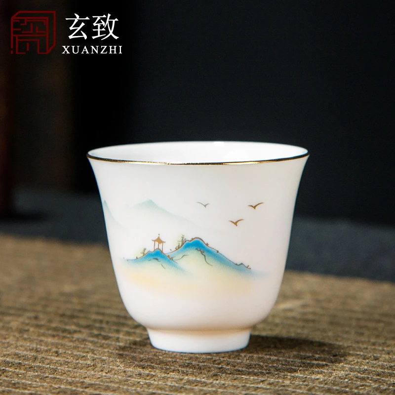 【玄致】高档羊脂玉描金白瓷盖碗客杯套组套装功夫茶具单杯家用陶瓷