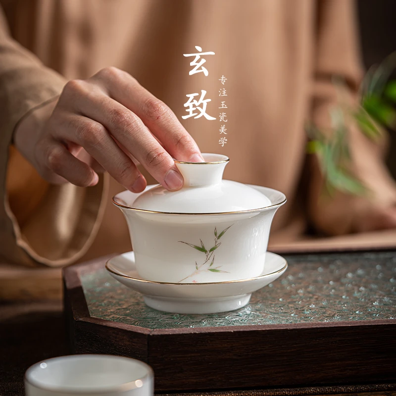 【玄致】高端羊脂玉瓷三才盖碗泡茶