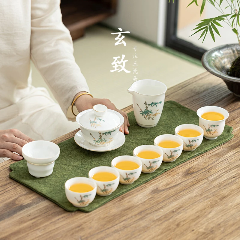 羊脂玉瓷高档茶具套装金竹报喜简约轻奢家用茶盖碗瓷盖碗手工描金