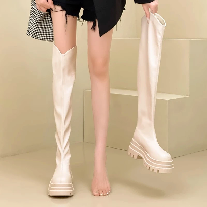 时尚过膝弹力靴女2023秋季新款小个子显瘦长筒骑士靴粗跟高筒长靴