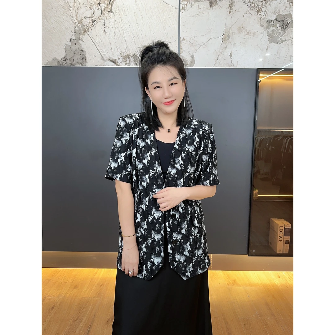 微胖女装【蝶步韶华】蝴蝶水墨无领褶皱半袖西装韩版小西装20301