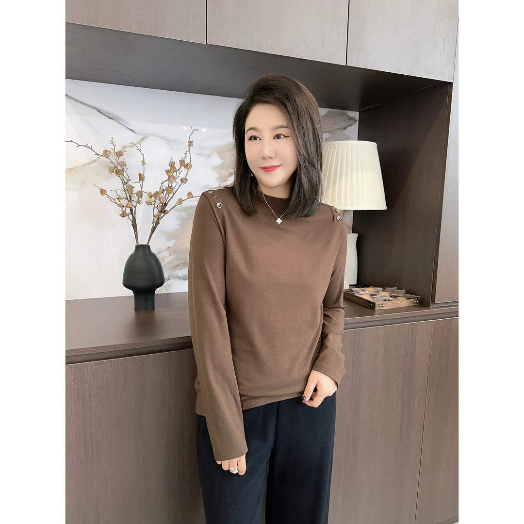 微胖女装【直角肩】上衣纽扣小立领打底T恤长袖气质针织时尚20503