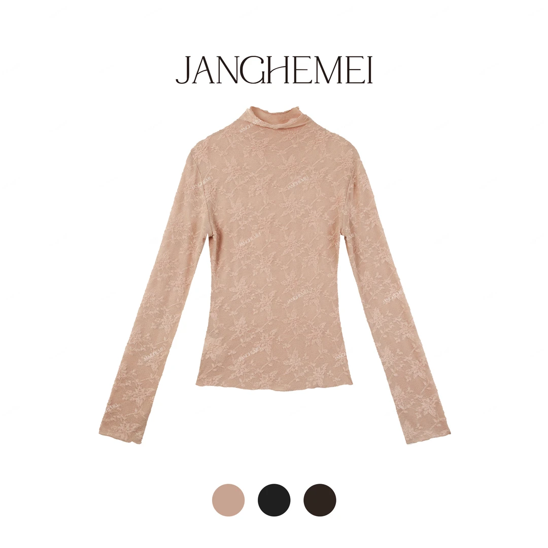 JANGHEMEI【柔润流光】设计感蕾丝半高领修身雪纺衫 X26984M44