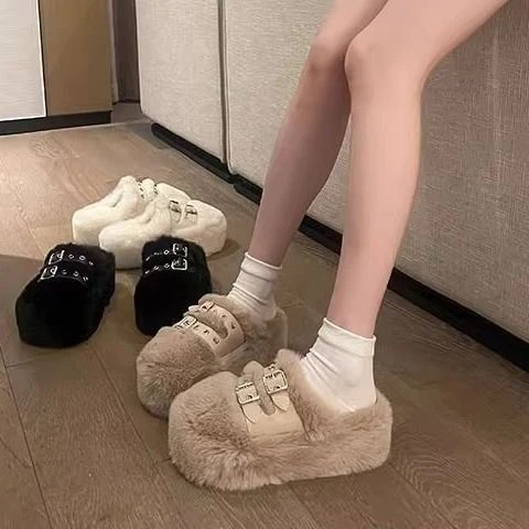 7cm包头毛毛拖鞋女外穿2023新款厚底增高小个子秋冬茸茸棉拖鞋子