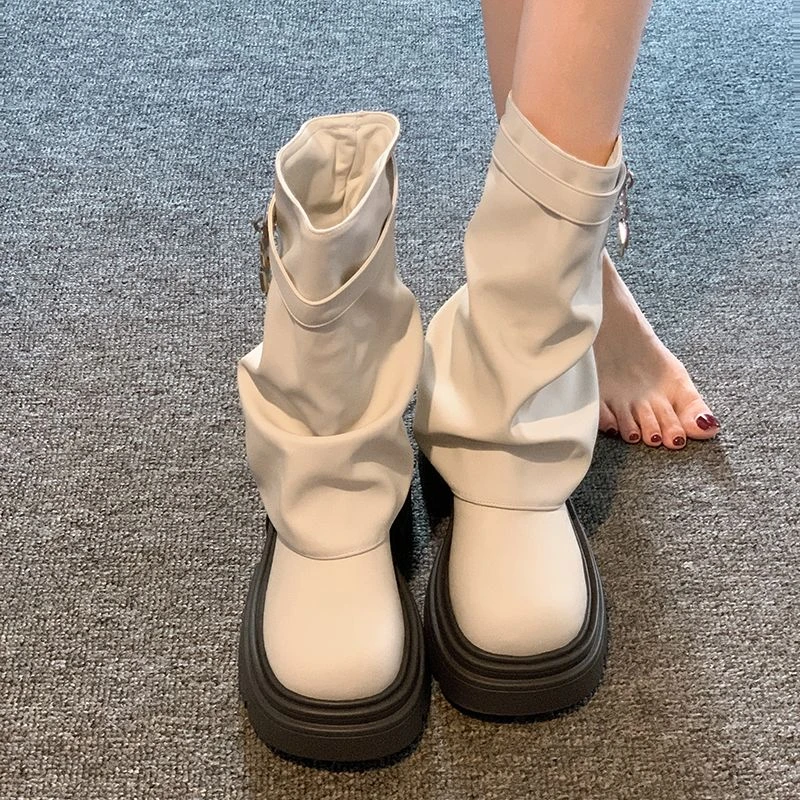网红短筒靴女款2023年秋冬新款洋气潮流复古百搭厚底裤管一体潮流
