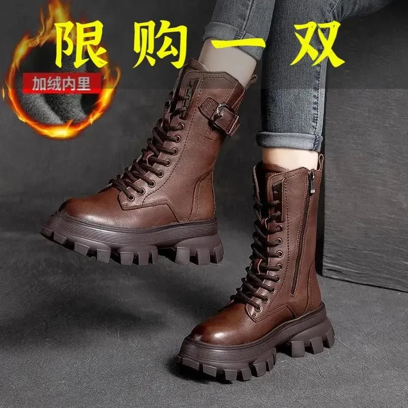 百搭时尚高帮秋冬新款马丁靴英伦风松糕厚底复古加棉中筒靴子潮流