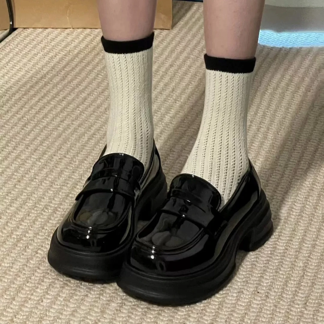 黑色厚底乐福鞋女2023新复古英伦风百搭jk小皮鞋一脚蹬松糕单鞋